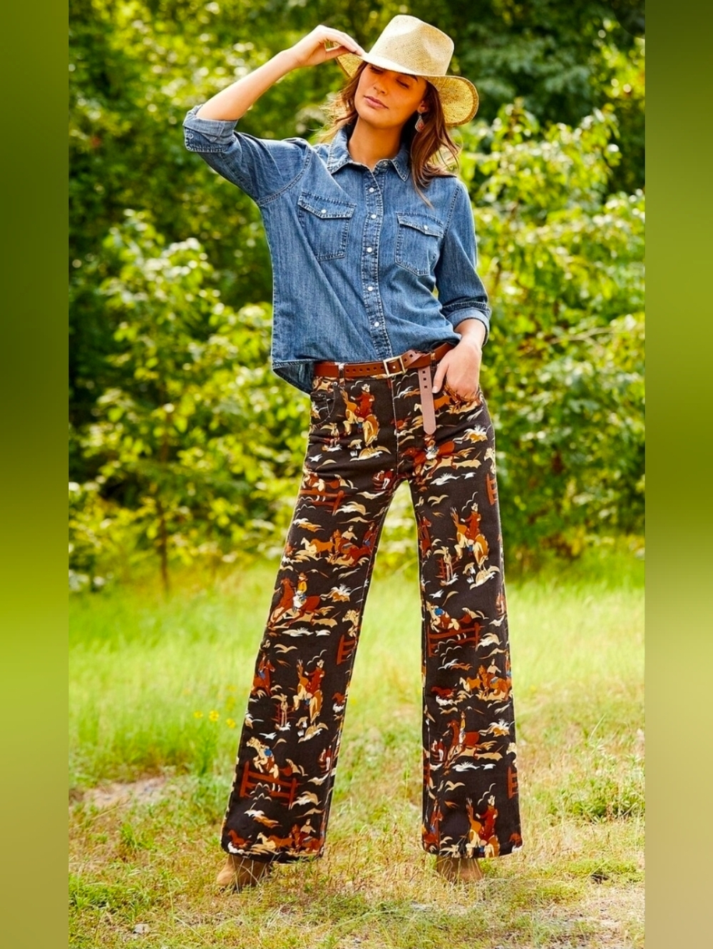 NWT Reba Stretch Twill Wide-Leg Cowboy Rodeo Print Jean